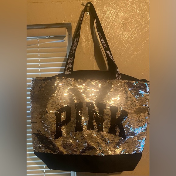 PINK Sequin Tote Bag - Silver and Black - Picture 1 of 9